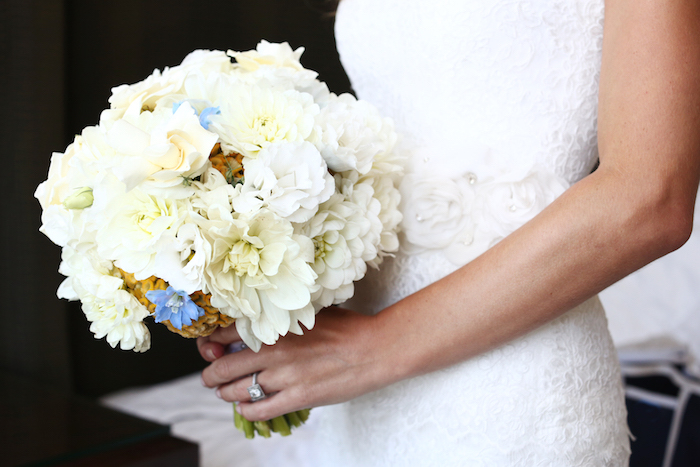 White Wedding Bouquet with Hints of Blue