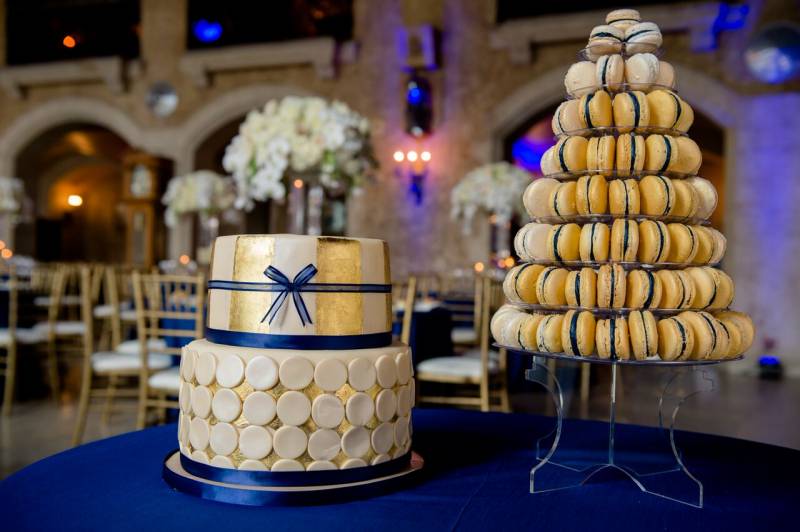 Navy and Gold Wedding Cake and Macarons