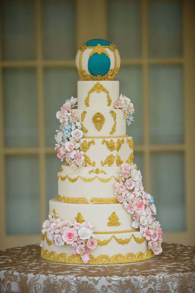 Luxurious Gold and Ivory Floral Wedding Cake