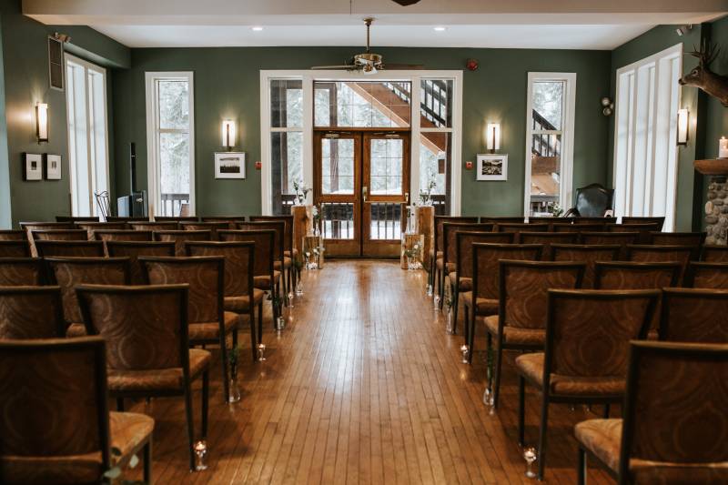 Indoor wedding reception with natural light from snowy widows 