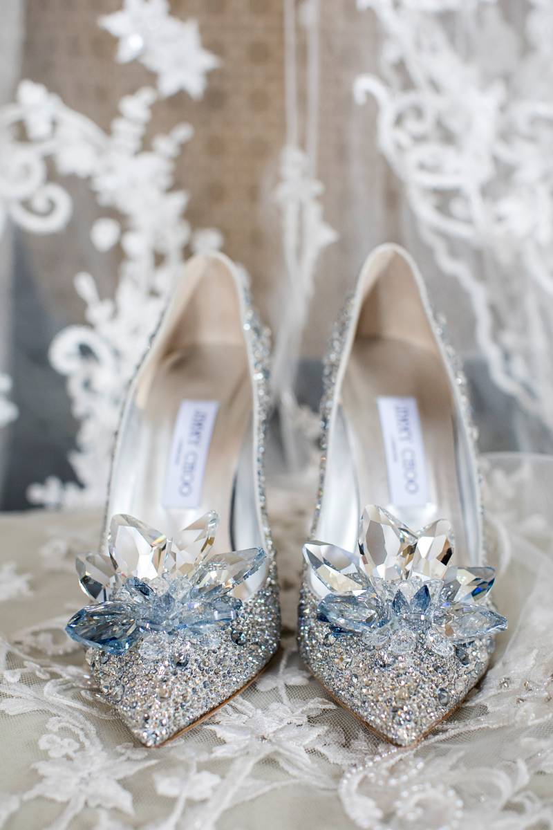 Silver crystal heels on lace fabric 
