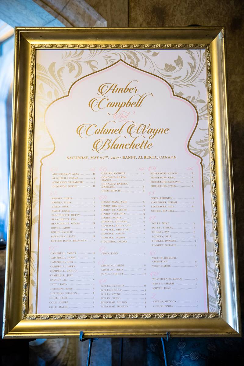 Seating chart on white paper in gold frame on easel 