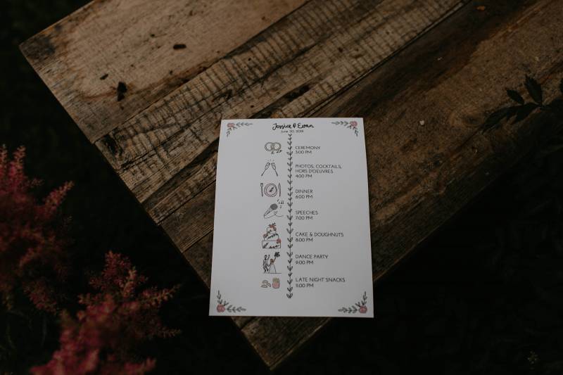 Wedding timeline flat lay on wooden table with blush flower