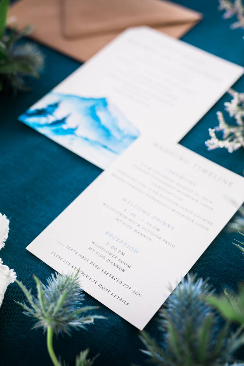 Wedding invitation with blue accents on blue table 