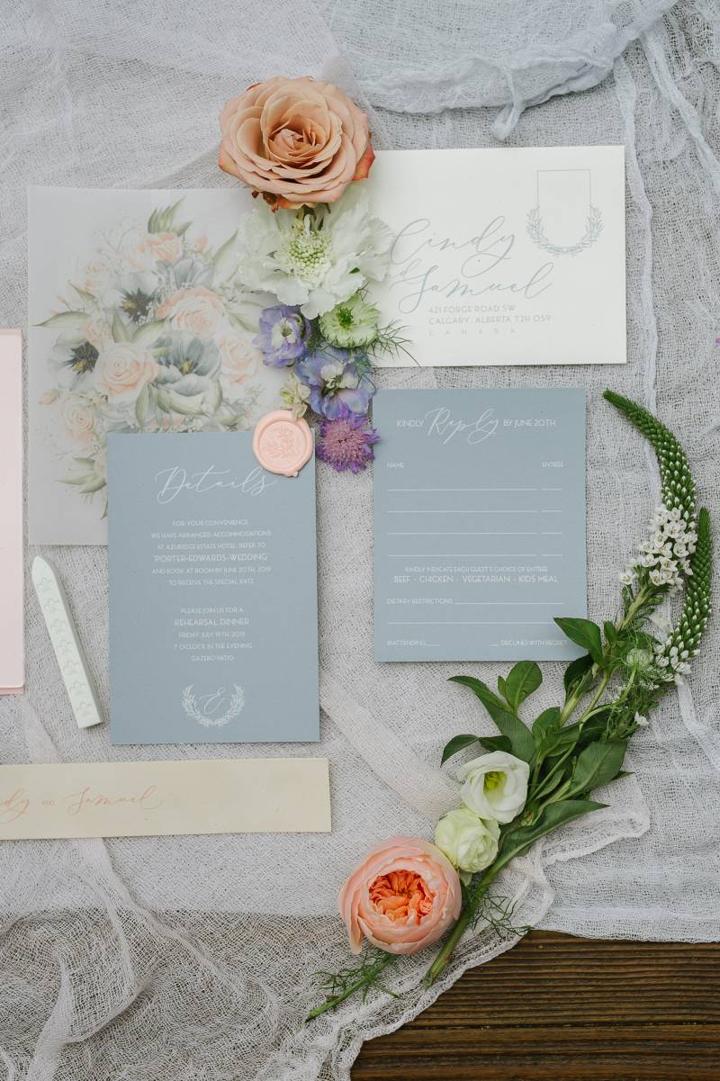 Soft blue and ivory wedding stationery invitations