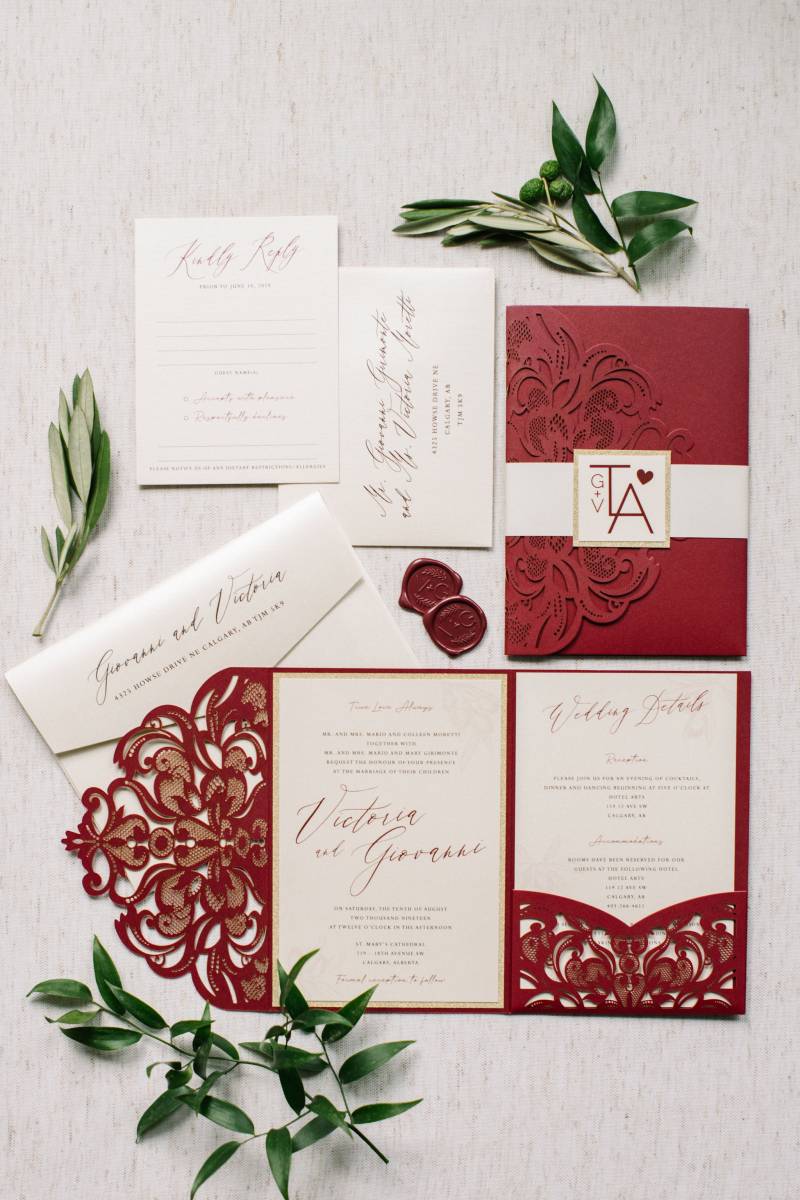 Elegant burgundy and ivory wedding invitation stationery
