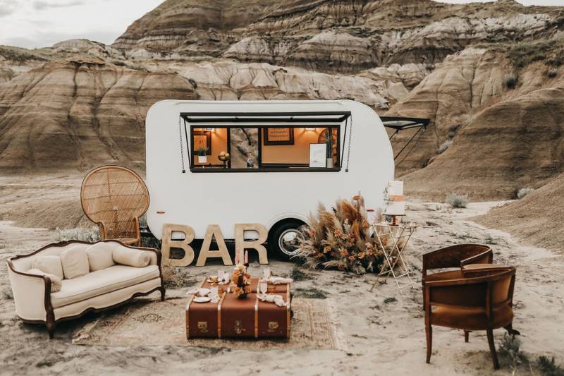 Mobile bar and coffee nook laid out with desert background