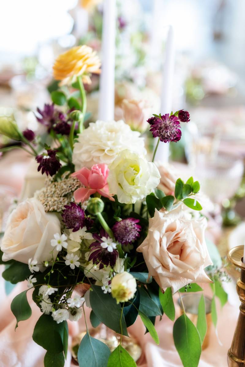White Blush lavender pink and yellow floral centerpiece 