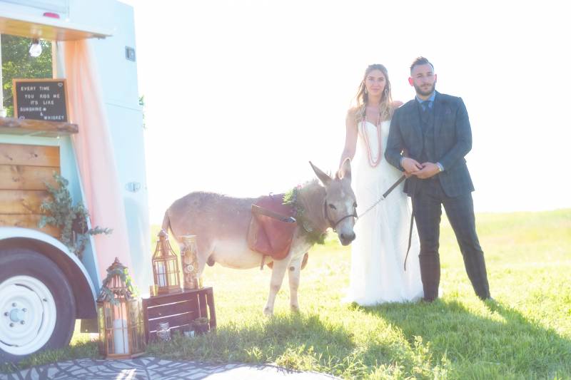 Bride and groom stand in grassy field holding donkey beside mobile bar 