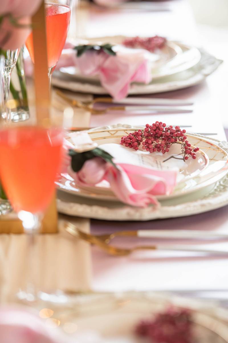 Place setting with pink napkin and red berries on plate 