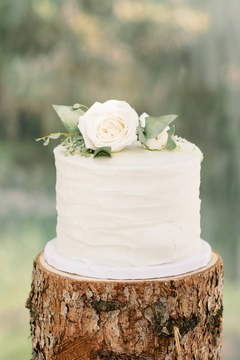 White wedding cake on wood stump 